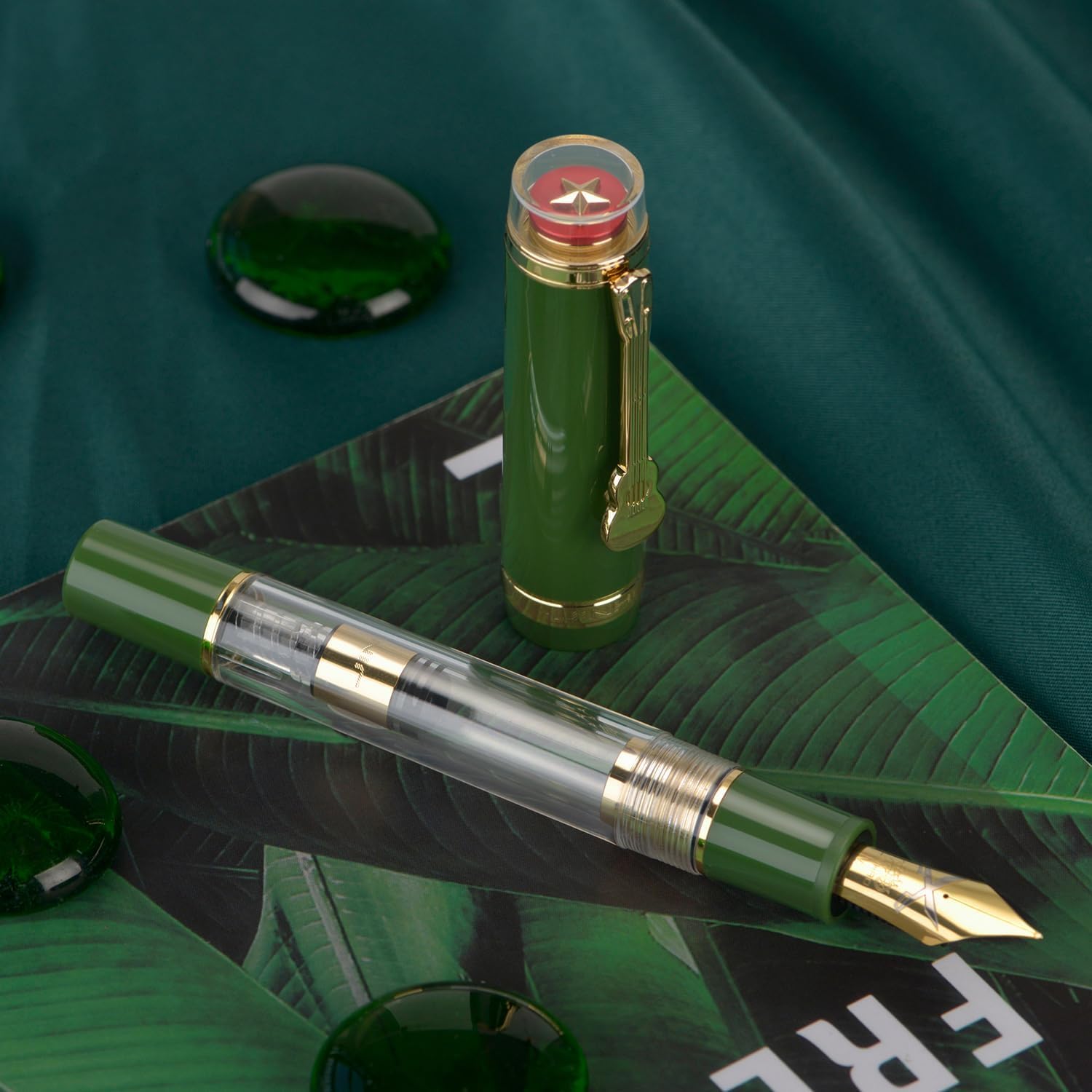 Jinhao 1935 Tiandao Series Fountain Pen – Green & Clear Acrylic Body, Dualtone Medium Nib, Gold Guitar Clip With Large Converter