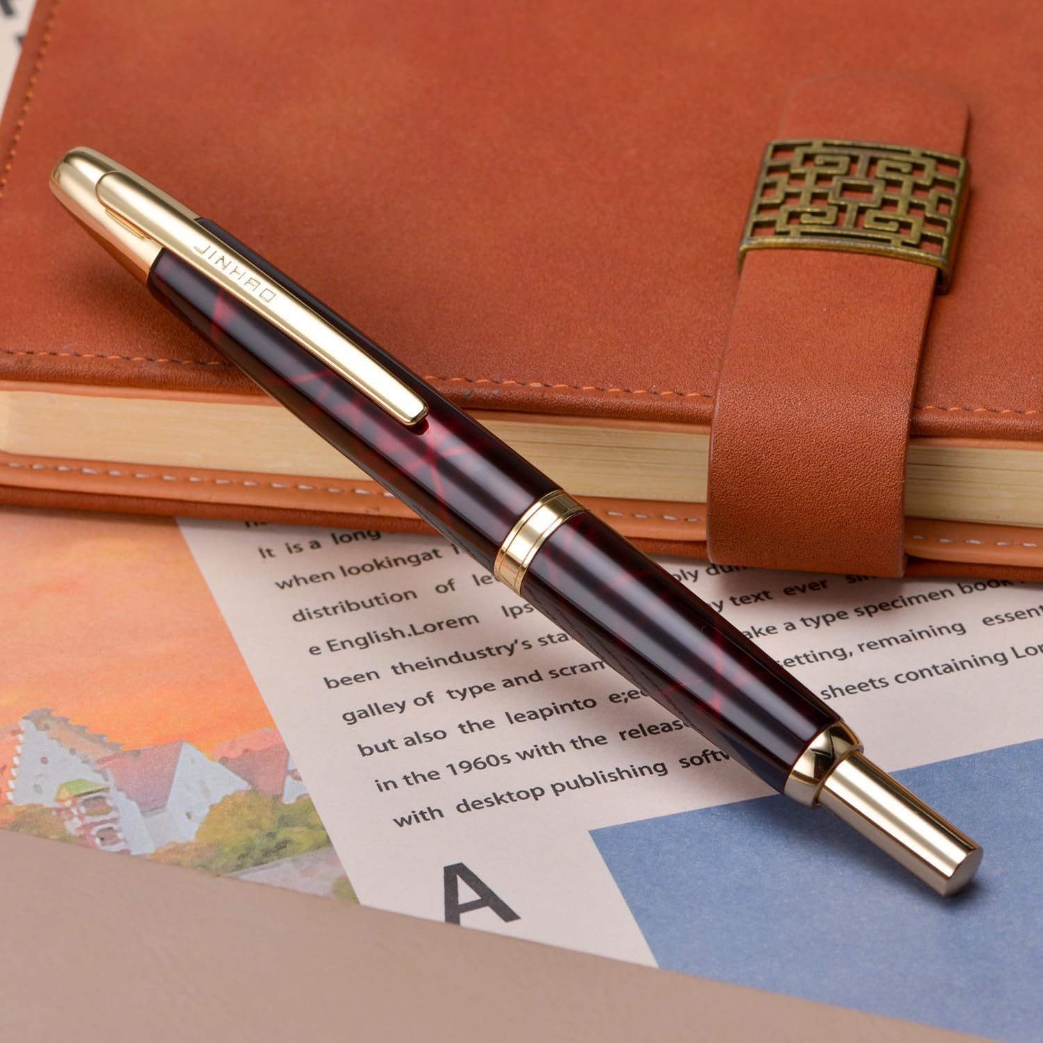 Jinhao 10 Capless Fountain Pen with Box – Marble Red & Caramel Orange, Retractable Fine Iridium Nib, Golden Clip, Ink Converter Set