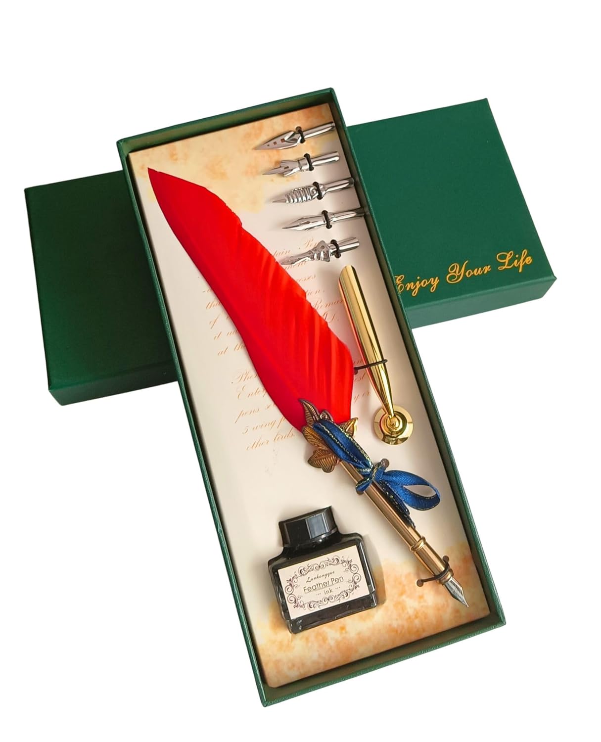 Feather Quill Pen and Ink Set – Antique Calligraphy Dip Pen with 5 Extra Nibs, Vintage Writing & Calligraphy Set