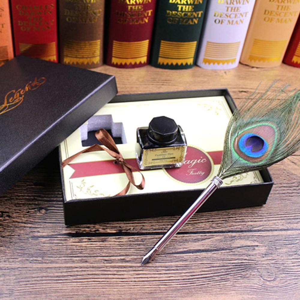 Peacock Feather Quill Dip Pen 0.5mm Fine Nib Writing Ink Set with Gift Box – Steel Ink Stationery Set for Calligraphy & Creative Writing