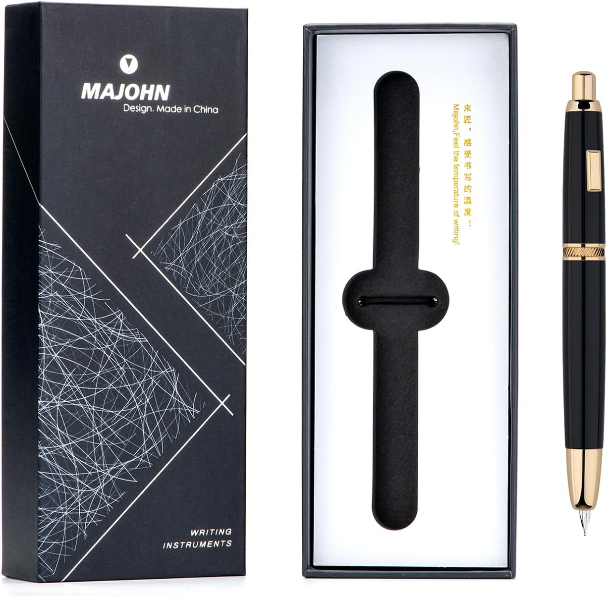Moonman A1 Press Fountain Pen – Fine Nib Retractable Black & Gold Writing Set with Converter (No Clip Version)