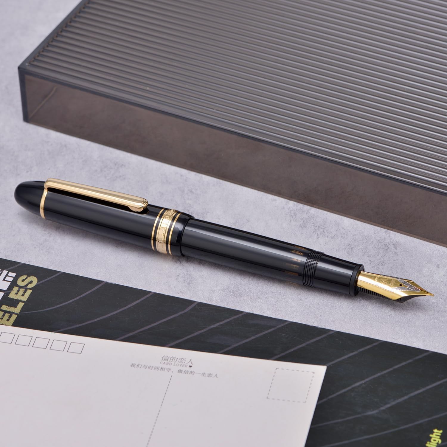 WingSung Junlai 930 Acrylic Fountain Pen, Size 9 Medium Nib with Piston Filling System, Piano Black Fence Ink Tank Design Smooth Writing Pen (Gold Trim)
