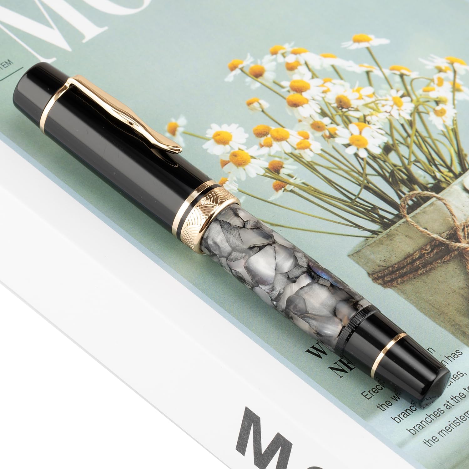 Moonman P139 Sun Carved Fountain Pen No.8 – Fine & Medium Nibs with Box, Gray Marble Acrylic, Large Capacity