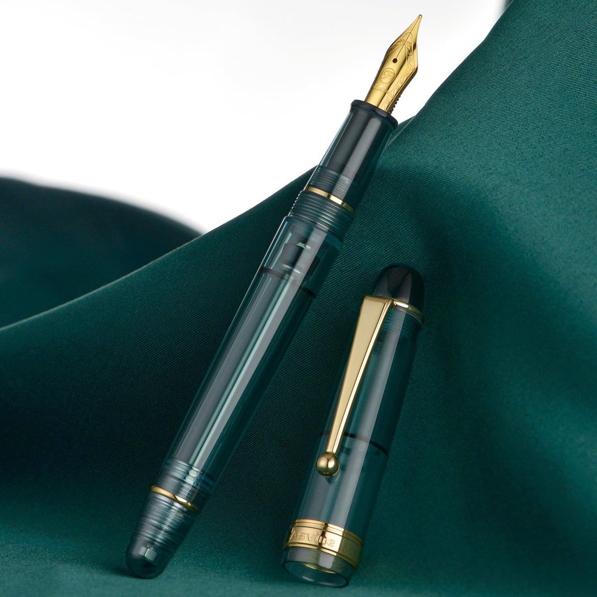 Asvine V126 Teal Blue Vacuum Filling Fountain Pen, Gold Trim Demonstrator