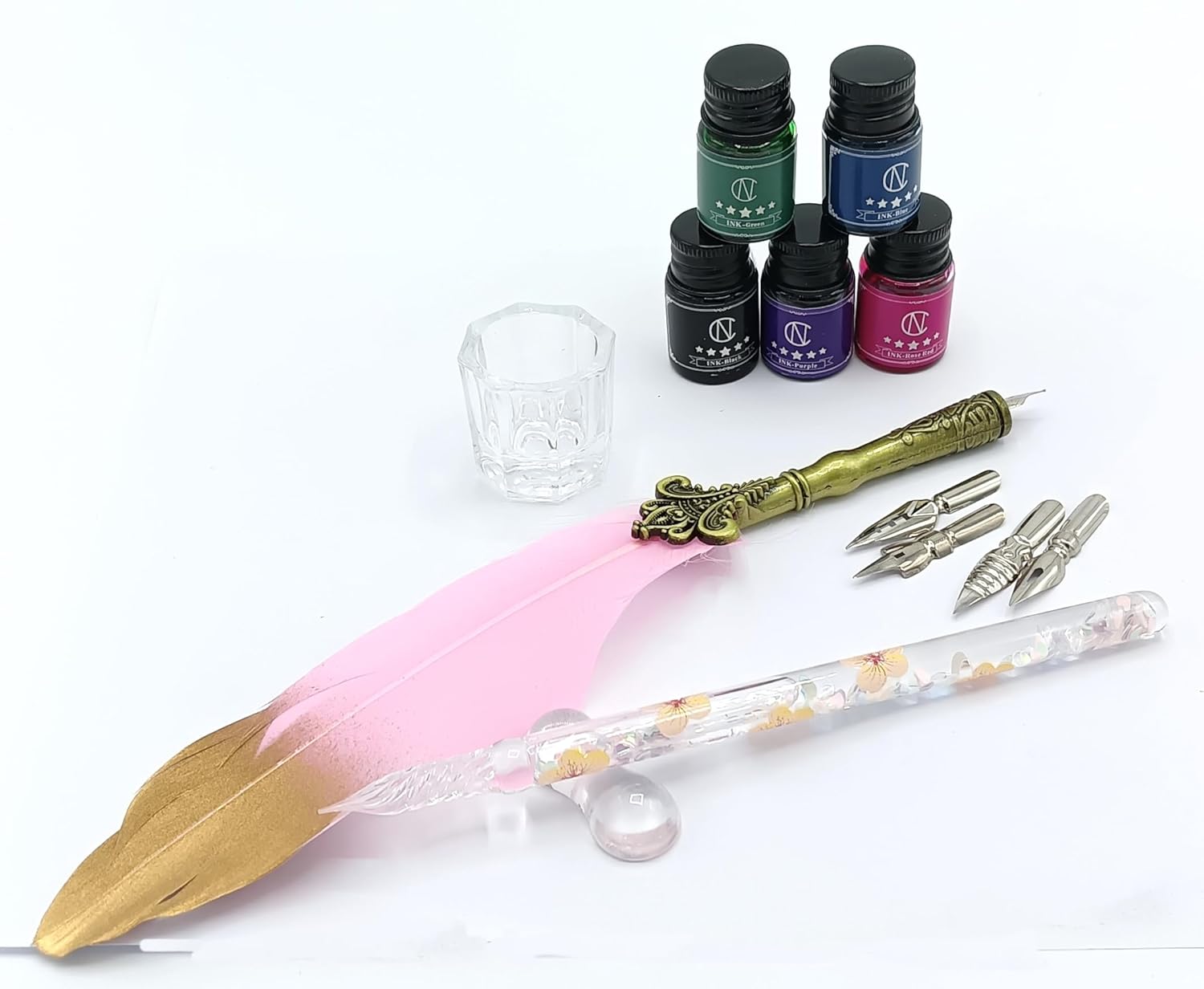 Feather & Crystal Glass Dip Pen Set with 5 Color Inks, Feather Pen, 4 Extra Nibs, Pen Holder, and Ink Cup – Calligraphy Writing & Creative Art Set