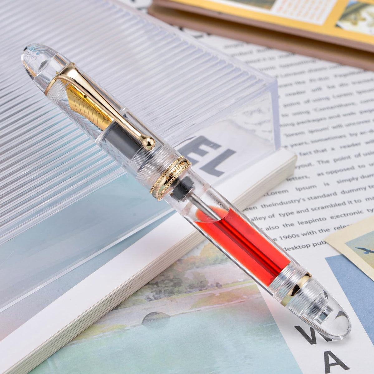 Asvine V800 Clear Demonstrator Vacuum Filling Fountain Pen, Size 8 Nib, Gold Trim