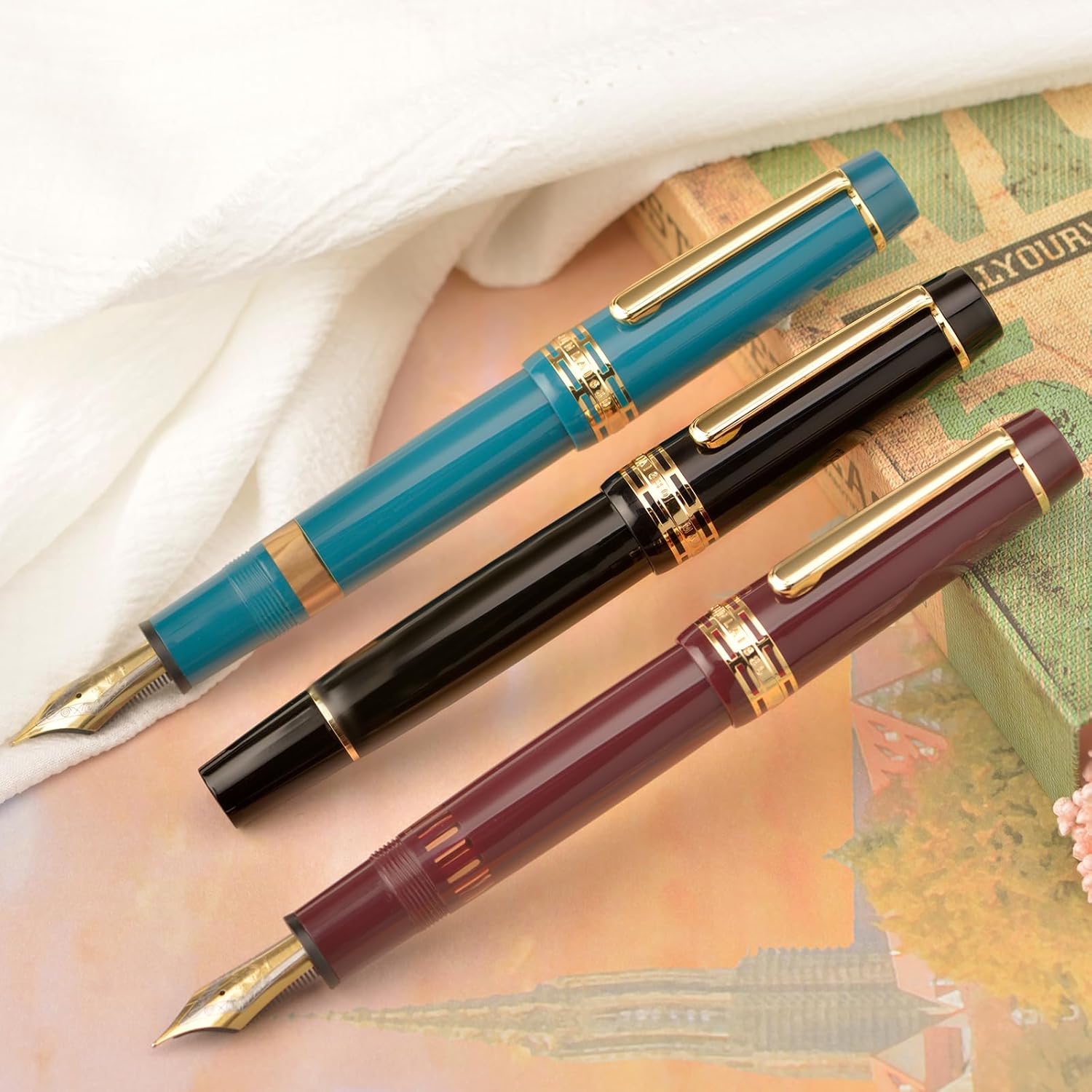 Wing Sung Junlai 630 Acrylic Fountain Pen – #8 Fine Nib, Piston Filling System, Flat Top Design, Blue-Green / Maroon / Piano Black (Transparent Ink Tank, Gold Trim)