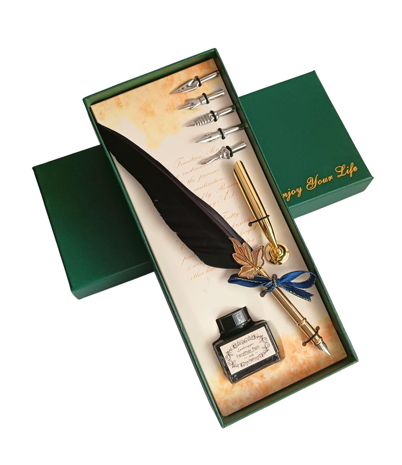 Feather Quill Pen and Ink Set – Antique Calligraphy Dip Pen with 5 Extra Nibs, Vintage Writing & Calligraphy Set