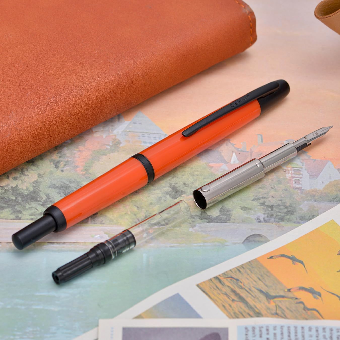 Jinhao 20 Retractable Fountain Pen – Summer Orange- Black clip with Fine Nib with Converter – Smooth Writing Daily Pen