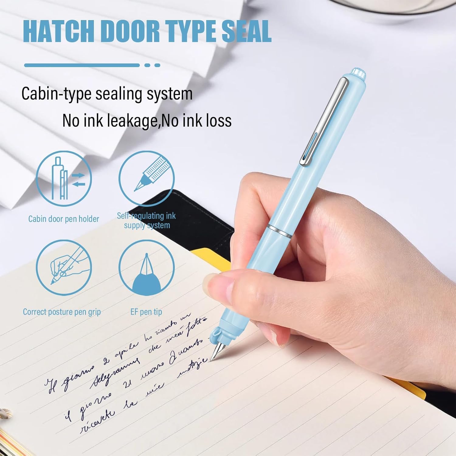 Dian Shi 1784 - Retractable Fountain Pen with 0.38mm Extra Fine Nib –  Smooth Writing, 5 Blue Ink Refills (Light Blue)