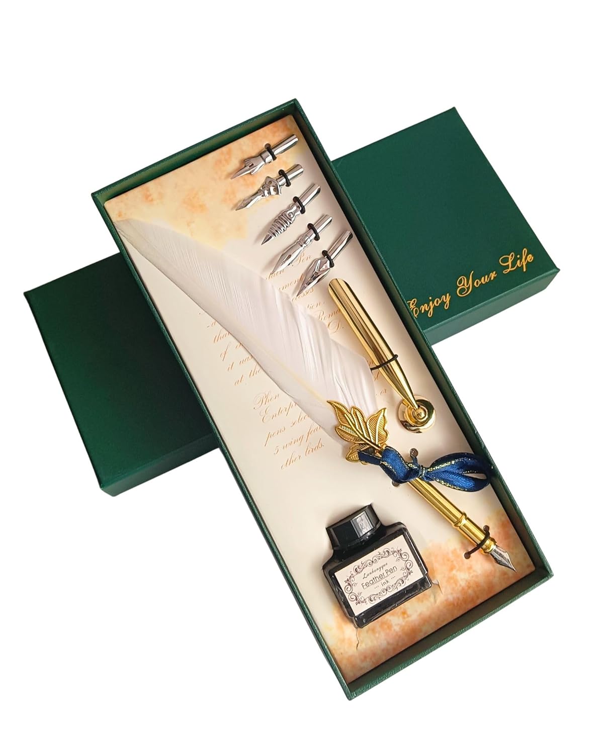 Feather Quill Pen and Ink Set – Antique Calligraphy Dip Pen with 5 Extra Nibs, Vintage Writing & Calligraphy Set