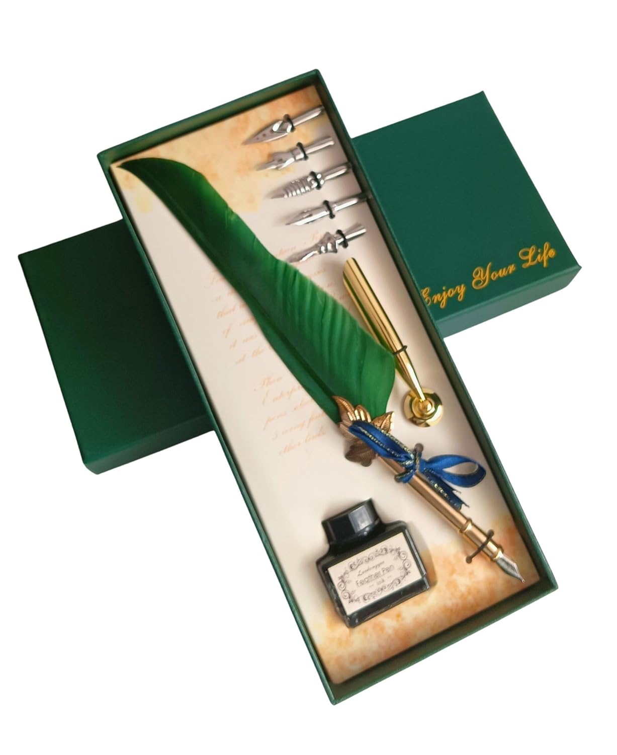 Feather Quill Pen and Ink Set – Antique Calligraphy Dip Pen with 5 Extra Nibs, Vintage Writing & Calligraphy Set