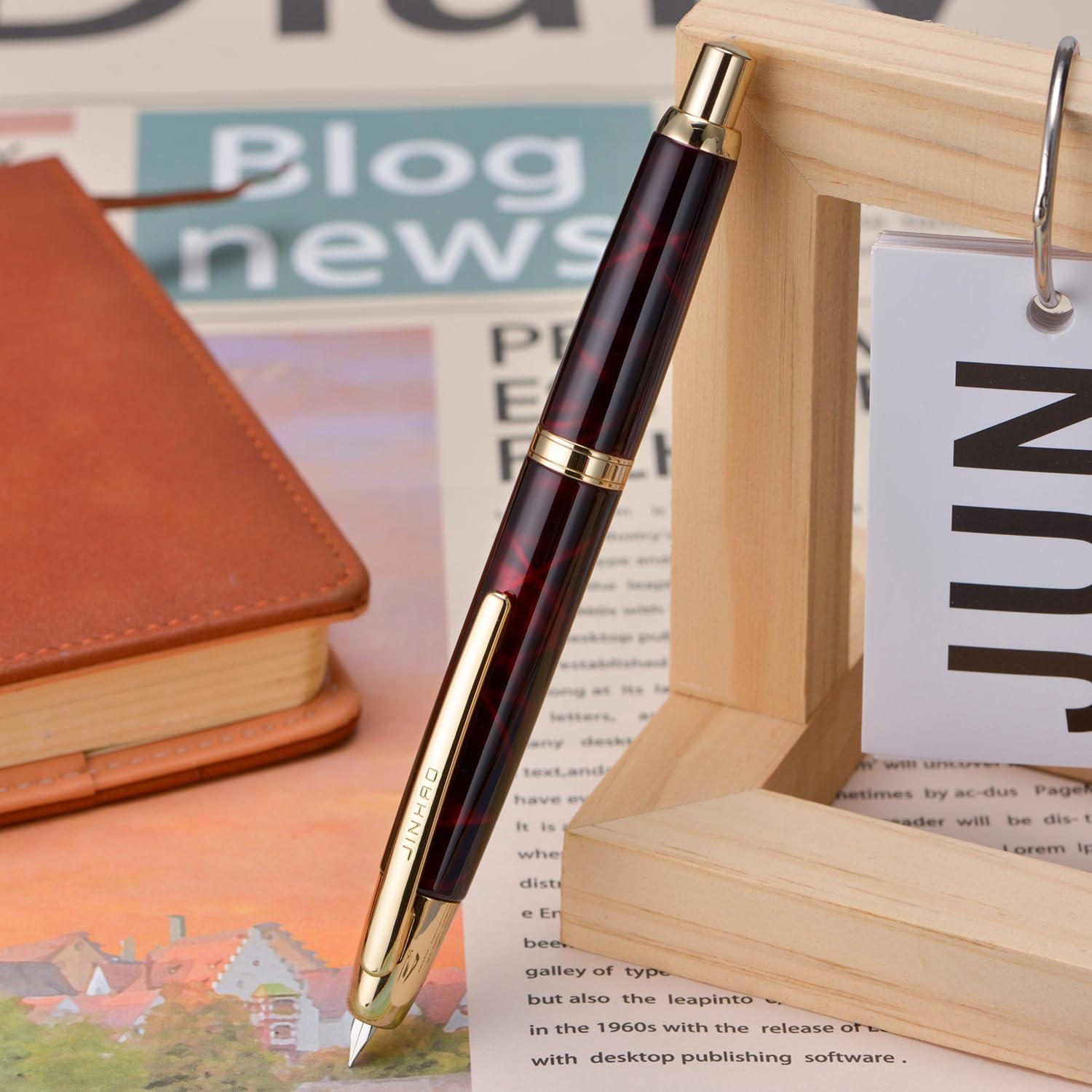 Jinhao 10 Capless Fountain Pen with Box – Marble Red & Caramel Orange, Retractable Fine Iridium Nib, Golden Clip, Ink Converter Set