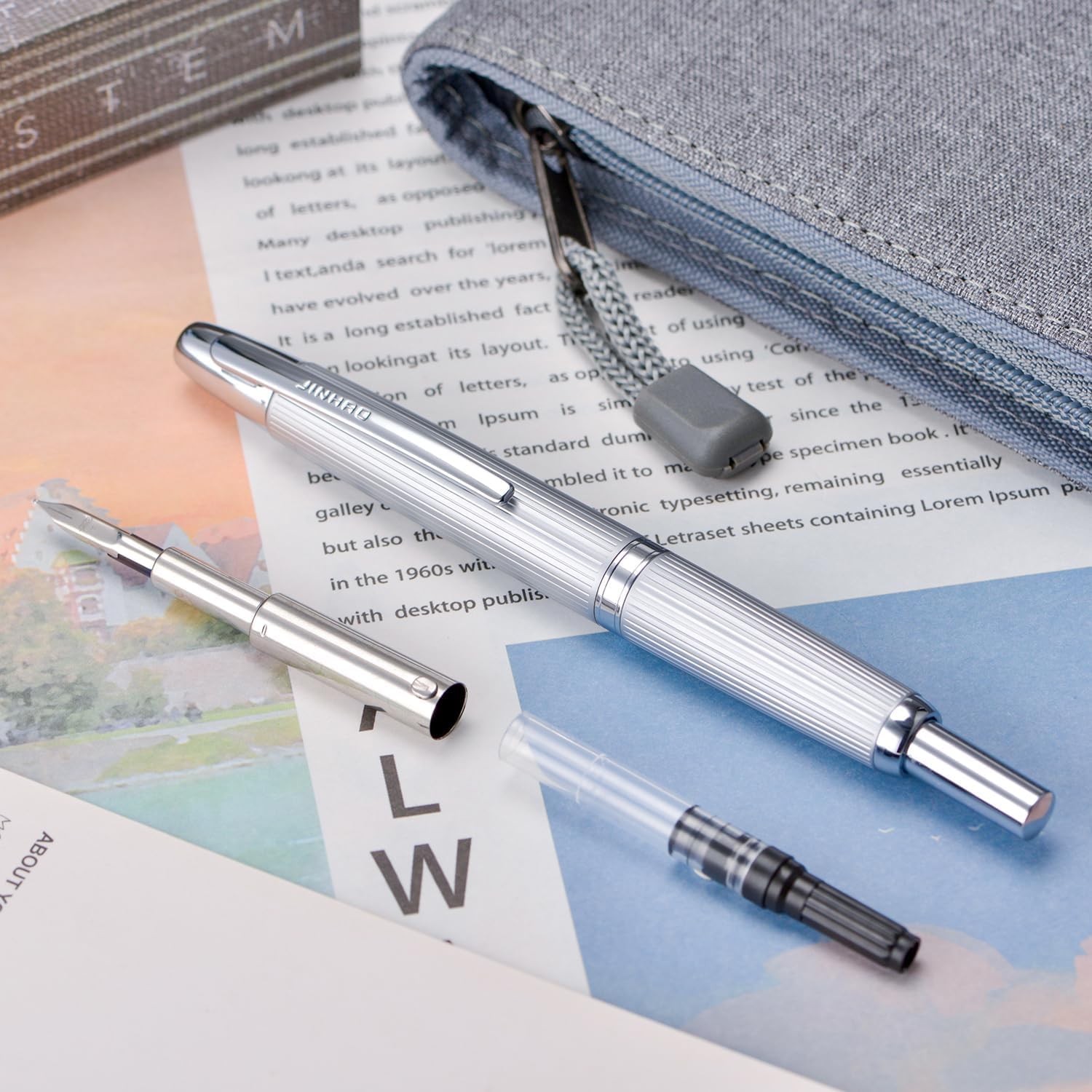 Jinhao 10 Capless Fountain Pen with Box, Retractable Fine Nib with Converter Set, Clip Version, Metal Body