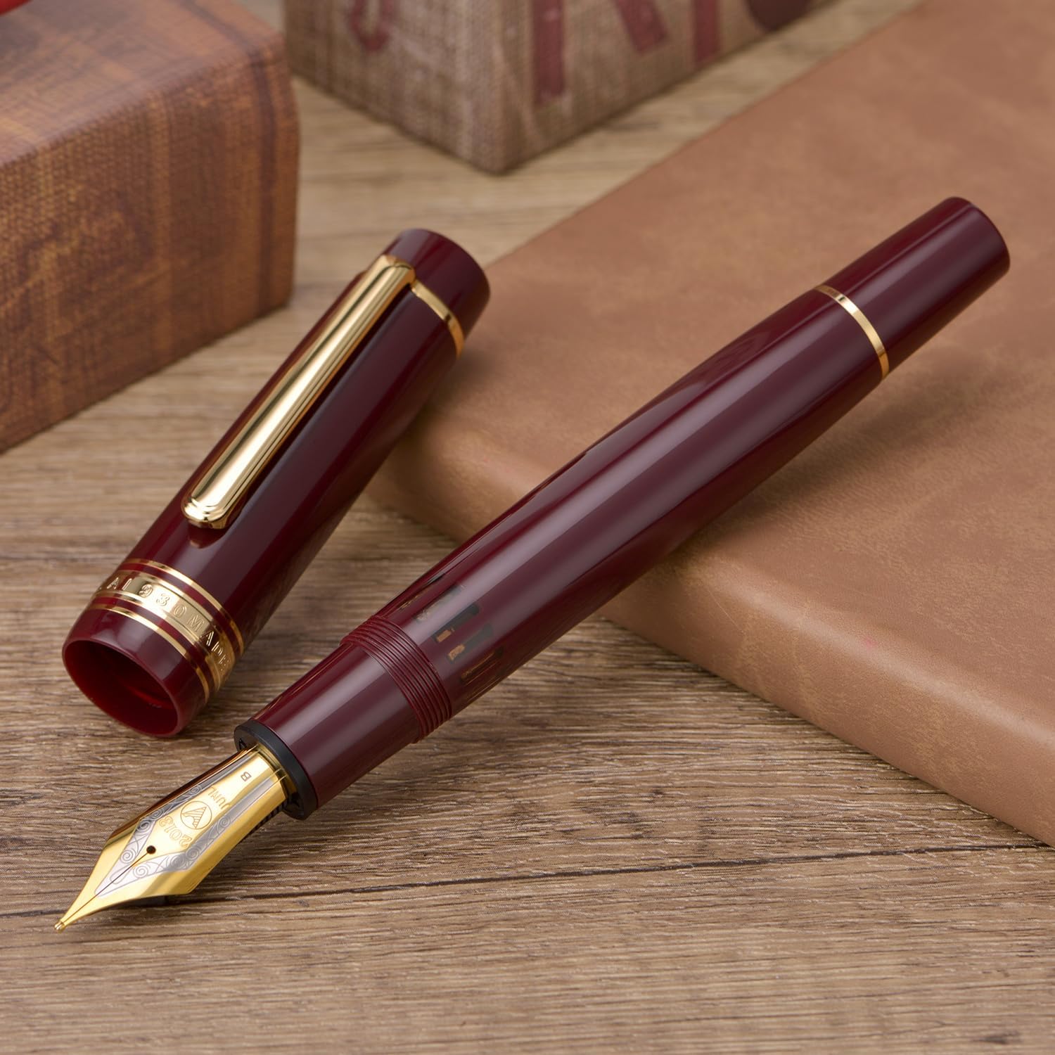 WingSung Junlai 930 Acrylic Fountain Pen – Flat Top Design with Piston Filling System, Size #9 Iridium Nib in Fine, Medium & Broad – Wine Red Fence Ink Tank with Gold Trim (No Ink)