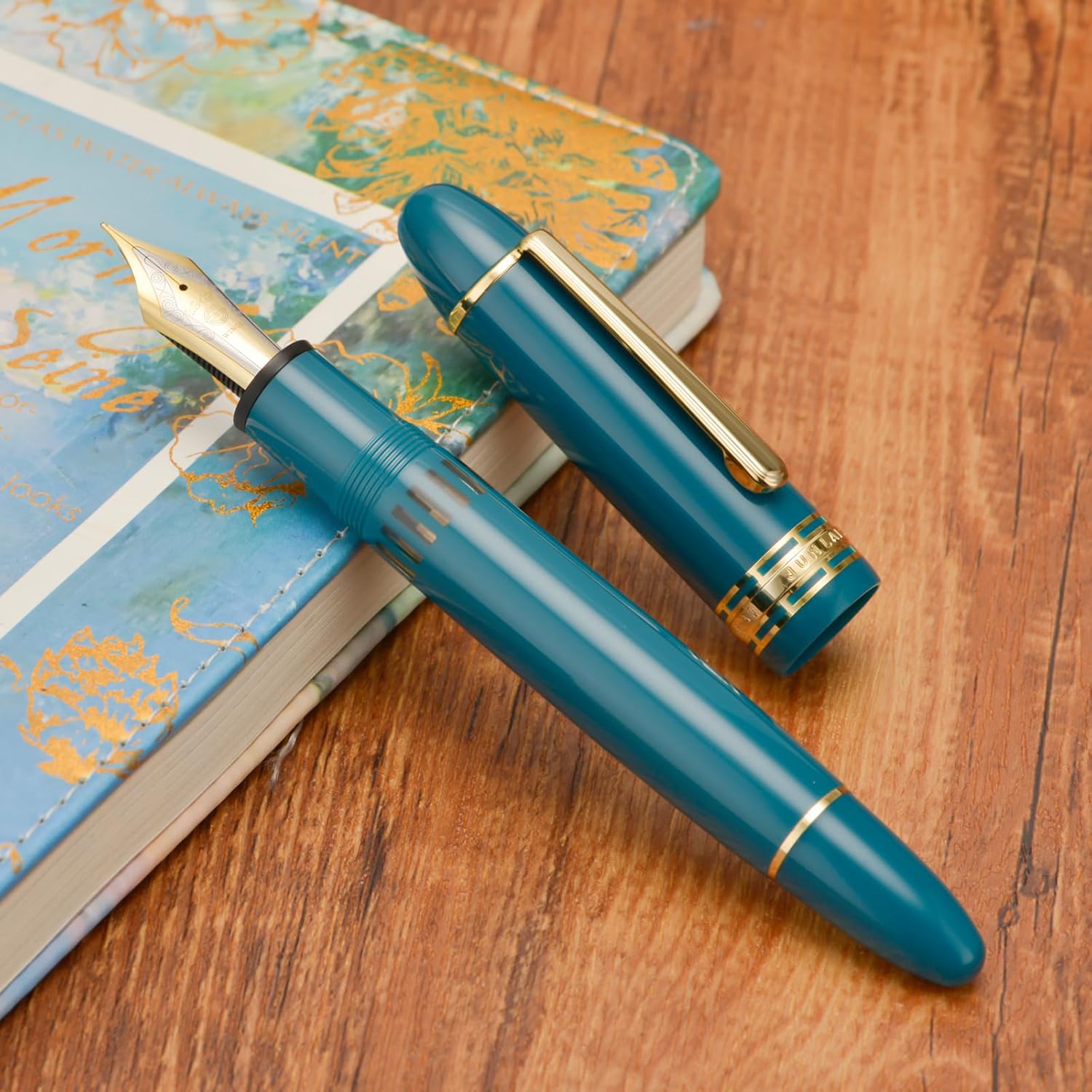 Wing Sung 630 Resin Fountain Pen – Fine Nib (#8), Piston Filling System With Transparent Fence Ink Tank, Indigo Blue / Piano Black / Wine Red (Gold Trim)