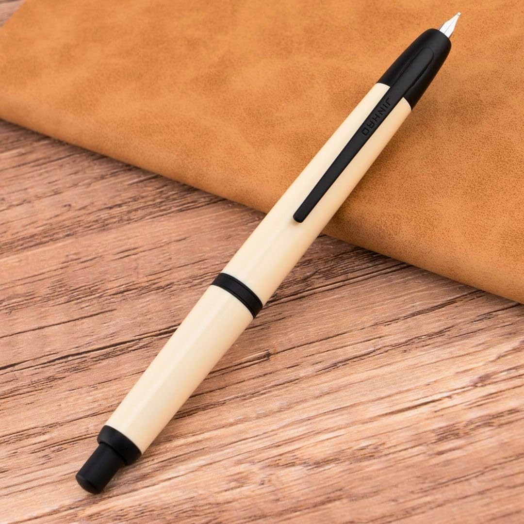Jinhao 20 Press Retractable Fountain Pen – Ivory White Colors – Plastic Body (Black clip) -Fine & Extra Fine Nib with Converter –Smooth Writing Daily Pen (No Ink Included)
