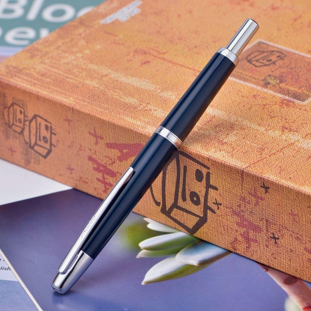 Jinhao 20 Press Retractable Fountain Pen –Dark Blue Colors –Plastic Body(Silver Clip) – Fine & Extra Fine Nib with Converter –  Smooth Writing Daily Pen (No Ink Included)