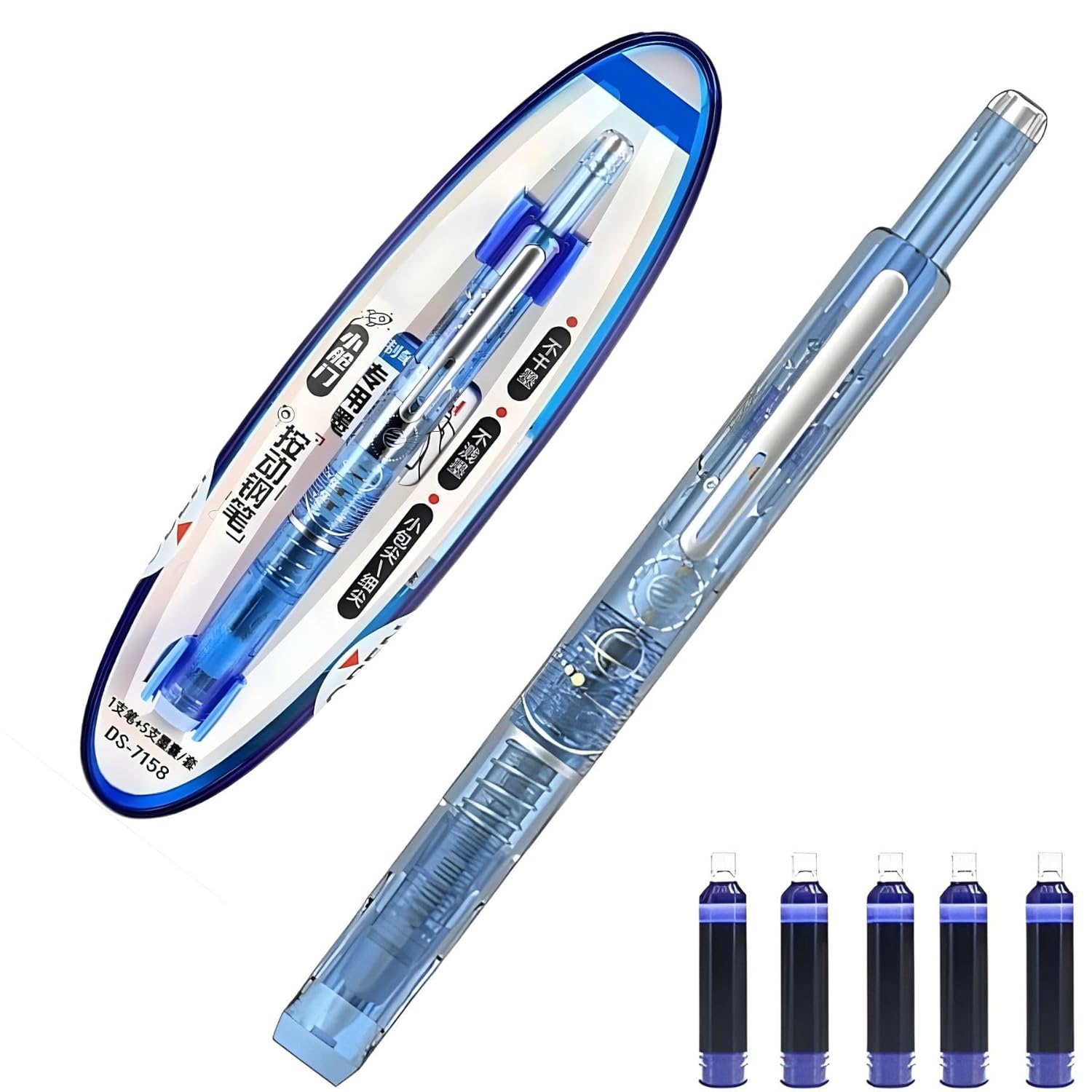 Dian Shi- 7158 Transparent Retractable Fountain Pen, EF Nib, 5 Blue Refills - Ideal Journaling Gift