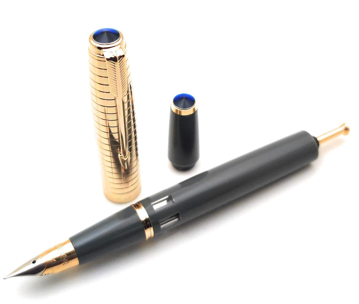 Wing Sung 601A Grey Vacumatic Fountain Pen – Fine 0.5mm Nib, Golden Cap, Resin Body, Ink Window, Push-Cap with Converter & Box (No Ink)