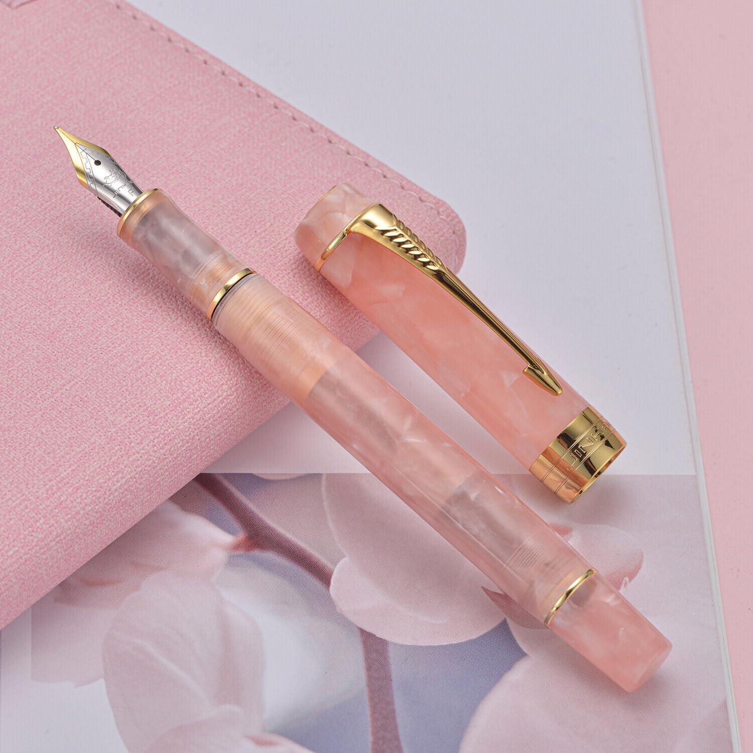 Jinhao 100 Fountain Pen Sakura Pink Celluloid, Fine Point with Converter