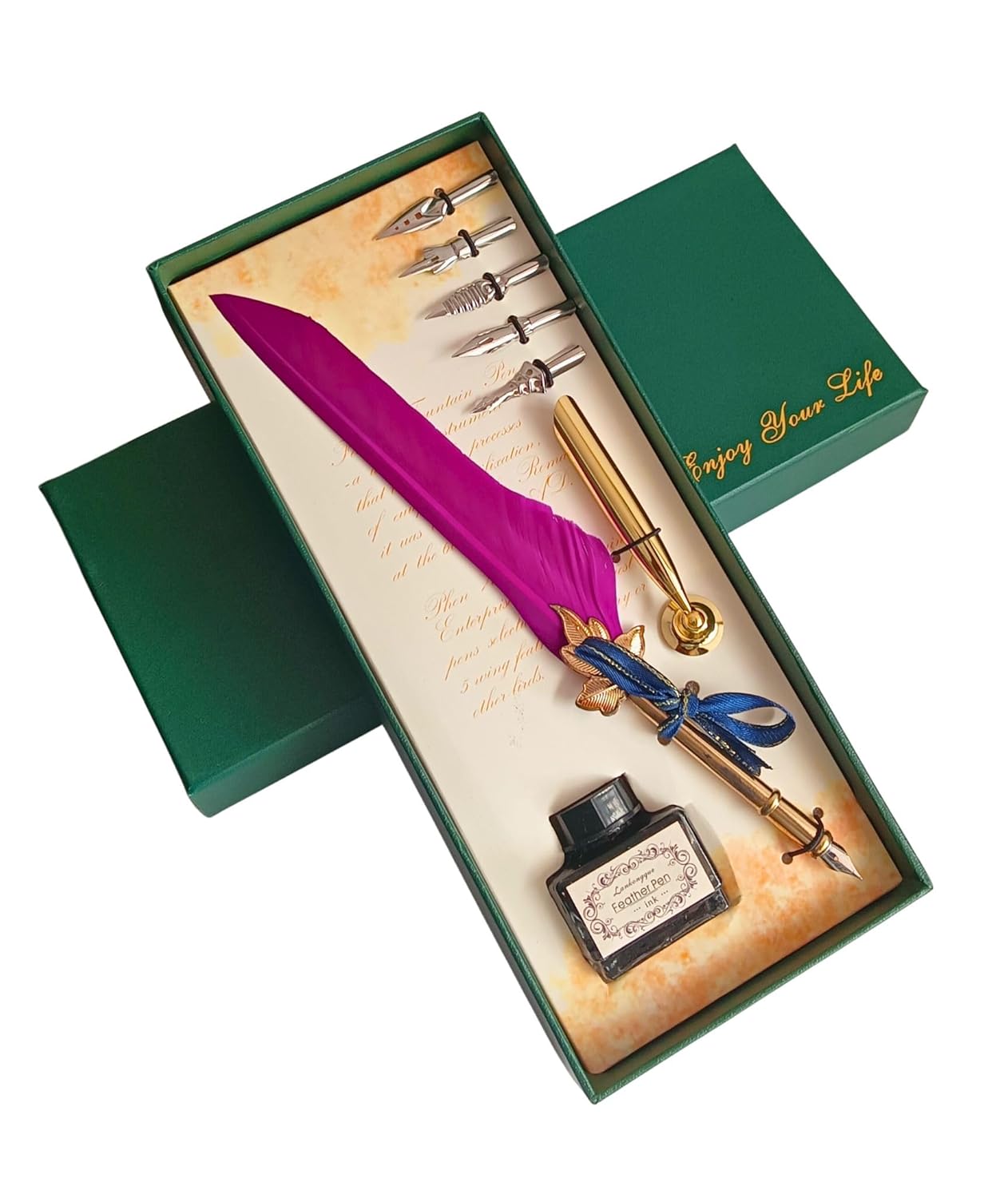 Feather Quill Pen and Ink Set – Antique Calligraphy Dip Pen with 5 Extra Nibs, Vintage Writing & Calligraphy Set