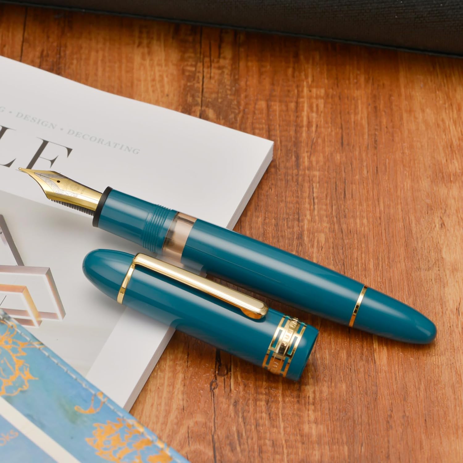 Wing Sung Junlai 630 Acrylic Fountain Pen – #8 Fine Nib, Piston Filling System, Piano Black / Maroon / Blue-Green(Transparent Ink Tank, Gold Trim)