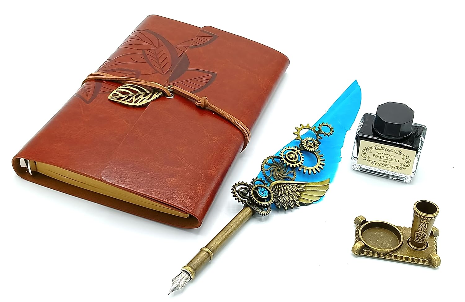 Feather Pen Ink Set – Quill Dip Pen with Leather Notebook, Ink Bottle & Pen Holder, Antique Calligraphy Stationery Gift (Sky Blue / Green)