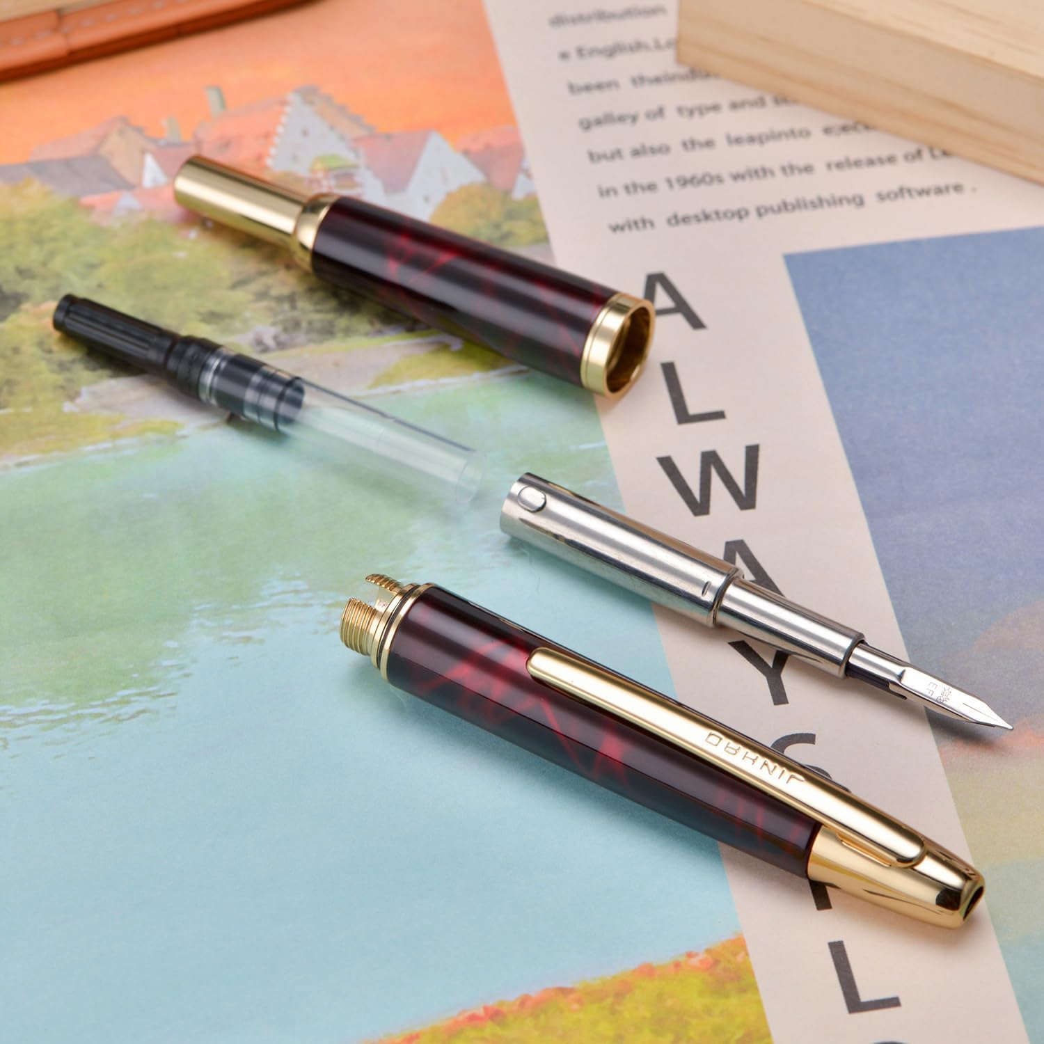 Jinhao 10 Capless Fountain Pen with Box – Marble Red & Caramel Orange, Retractable Fine Iridium Nib, Golden Clip, Ink Converter Set