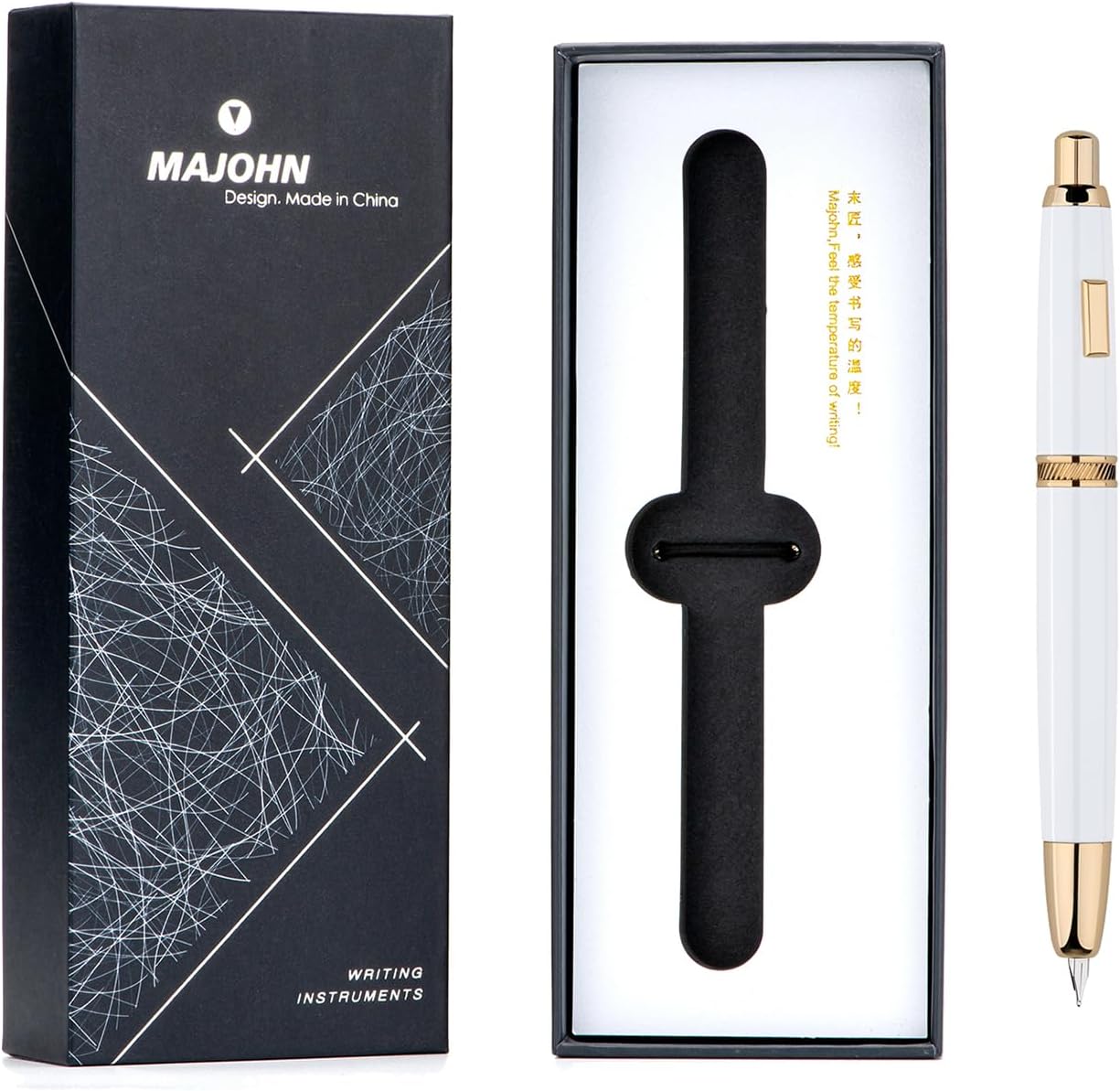 Moonman A1 Press Fountain Pen – Extra Fine Nib, Retractable White & Gold Writing Set with Converter (No Clip Version)