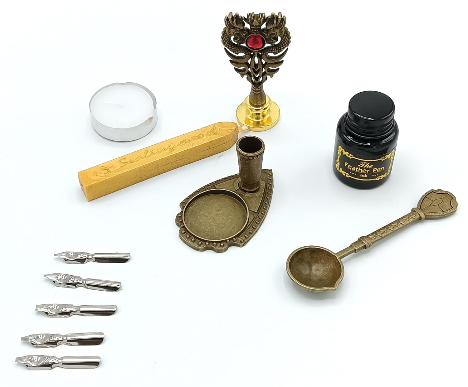 Feather Calligraphy Pen Ink Set – Quill Dip Pen with 5 Nibs, Ink, Wax Seal Stamp Kit & Gift Box (Available in Maroon, Green, Black & White)