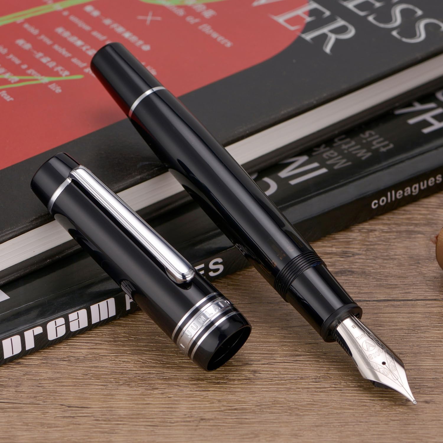 WingSung Junlai 930 Acrylic Fountain Pen – Flat Top Design with Piston Filling System, Size #9 Iridium Nib in Fine, Medium & Broad – Piano Black Fence Ink Tank with Silver Trim (No Ink)