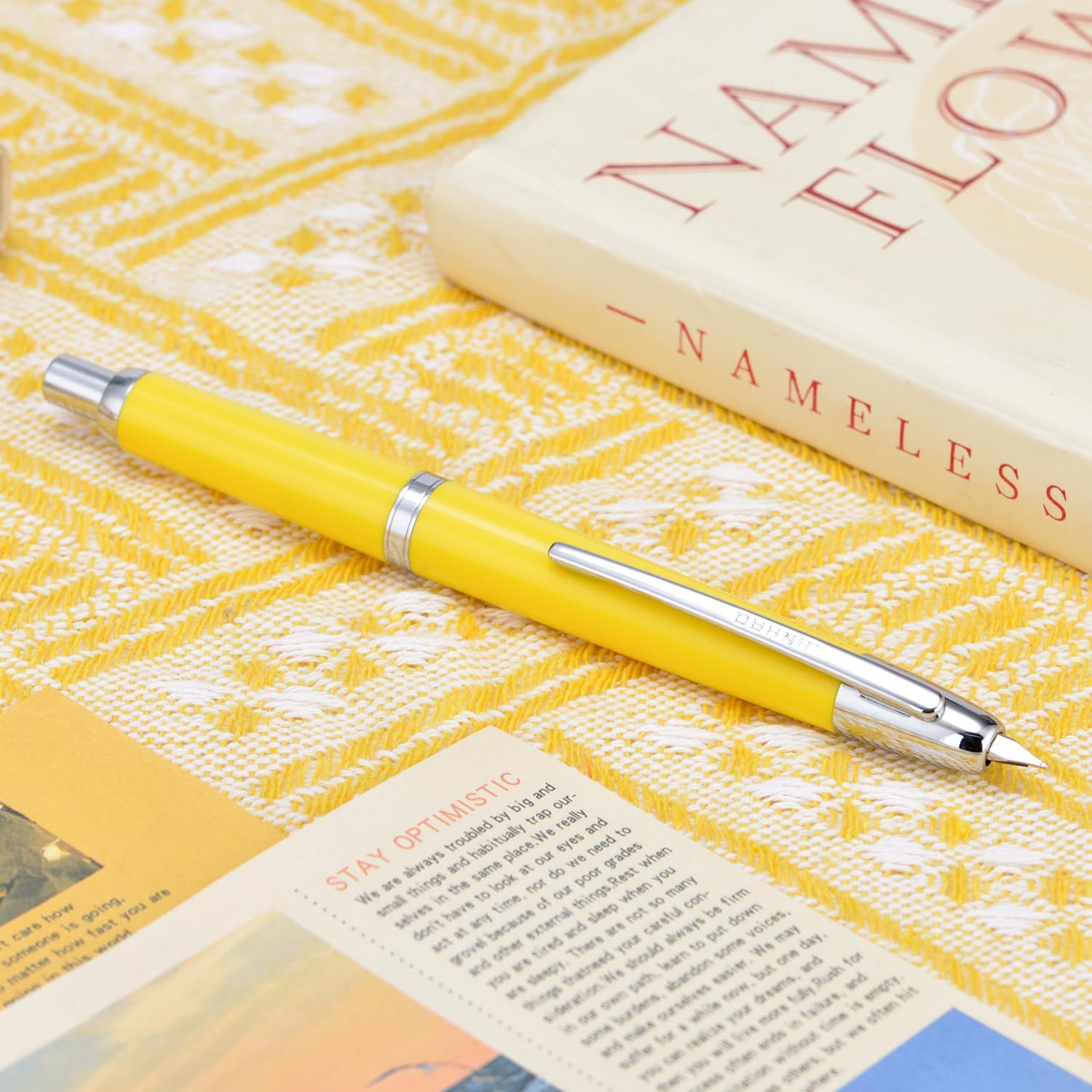 Jinhao 20 Press Retractable Fountain Pen – Lemon Yellow Colors – Plastic Body(Silver Clip) - Fine & Extra Fine Nib with Converter –Smooth Writing Daily Pen (No Ink Included)