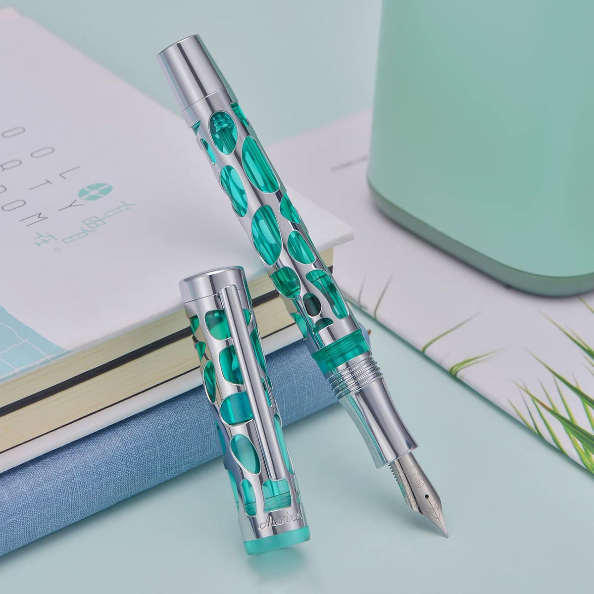 Asvine V169 Silver Green Skeleton Fountain Pen, Vacuum Filling, Metal Body