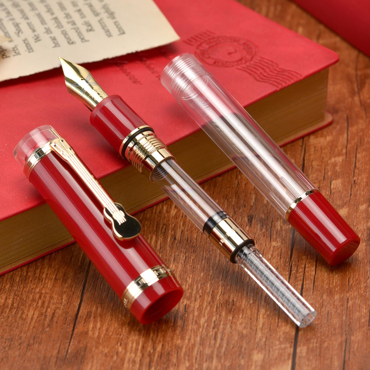 Jinhao 1935 Tiandao Series Fountain Pen – Red & Clear Acrylic Body, Dual tone Medium Nib Nib, Gold Guitar Clip With Large Converter