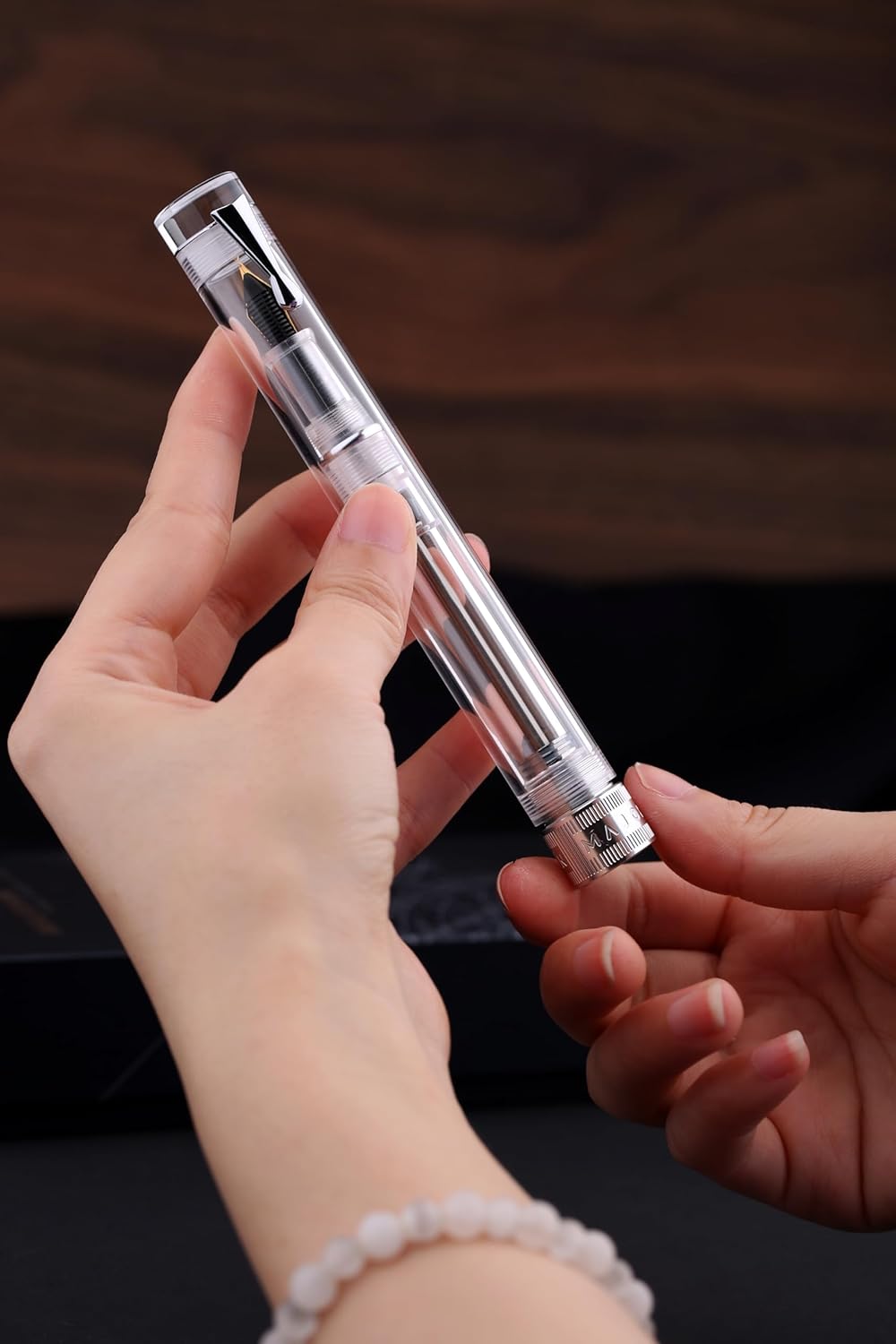 Moonman V1 Vacuum Filling Fountain Pen Extra Fine Nib, Transparent Acrylic Demonstration Writing Gift Pen with Box (Silver Clip)