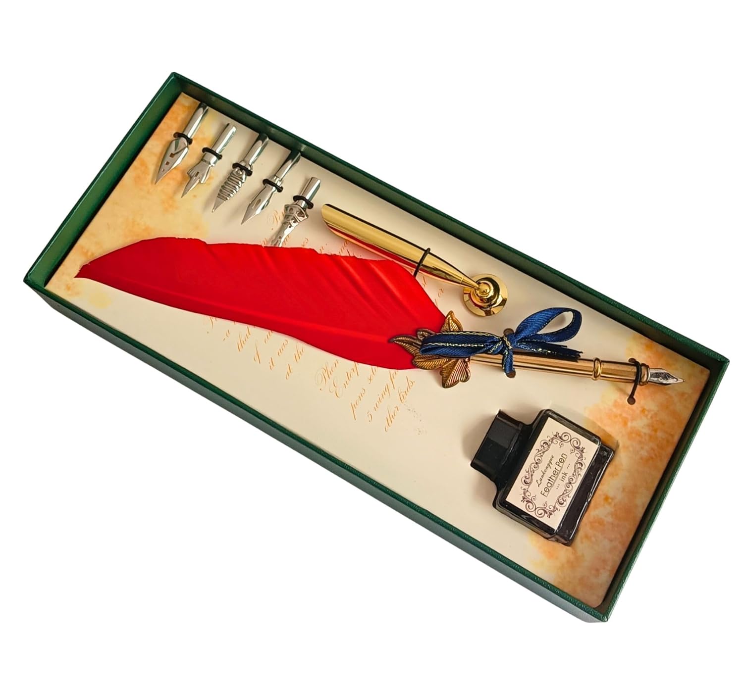 Feather Quill Pen and Ink Set – Antique Calligraphy Dip Pen with 5 Extra Nibs, Vintage Writing & Calligraphy Set