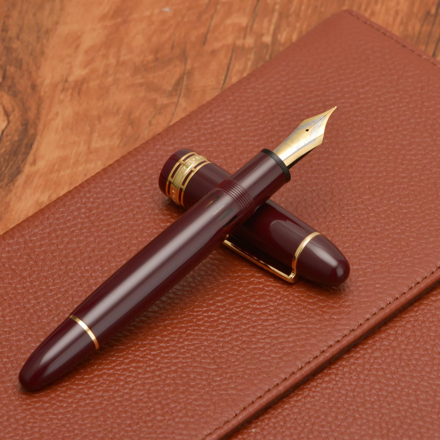 Wing Sung 630 Resin Fountain Pen – Fine Nib (#8), Piston Filling System With Transparent Fence Ink Tank, Indigo Blue / Piano Black / Wine Red (Gold Trim)