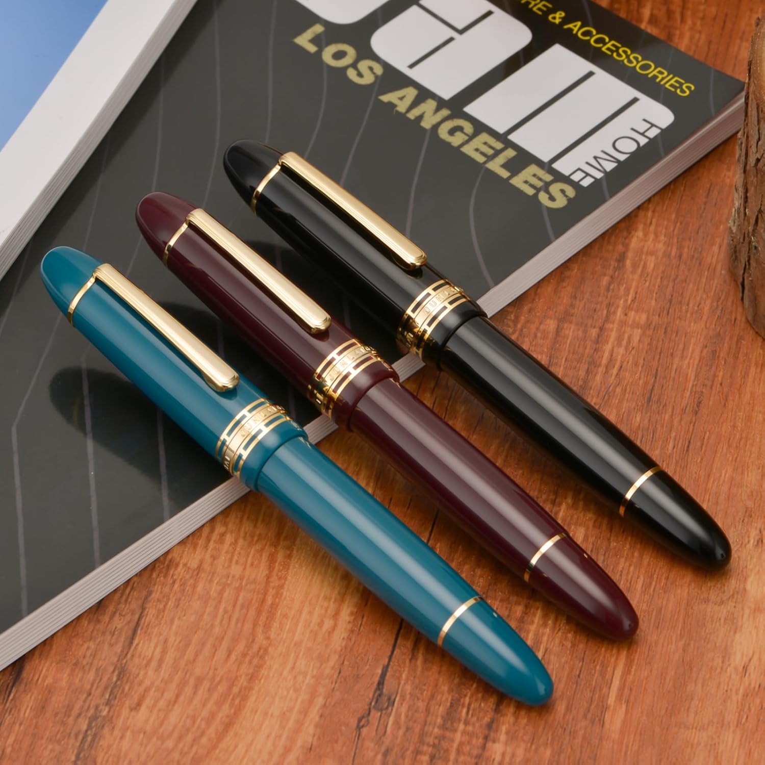Wing Sung Junlai 630 Acrylic Fountain Pen – #8 Fine Nib, Piston Filling System, Piano Black / Maroon / Blue-Green(Transparent Ink Tank, Gold Trim)