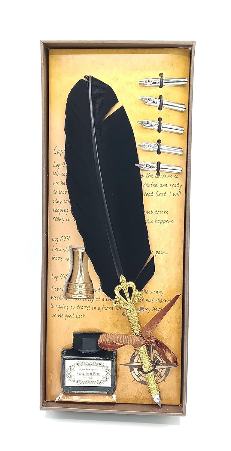 Feather Pen Quill Pen and Ink Set – Antique Calligraphy Dip Pen with 5 Extra Nibs, Refillable Ink, Pen Stand for Writing, Drawing, Signatures, Wedding & Birthday Gifts (Black)