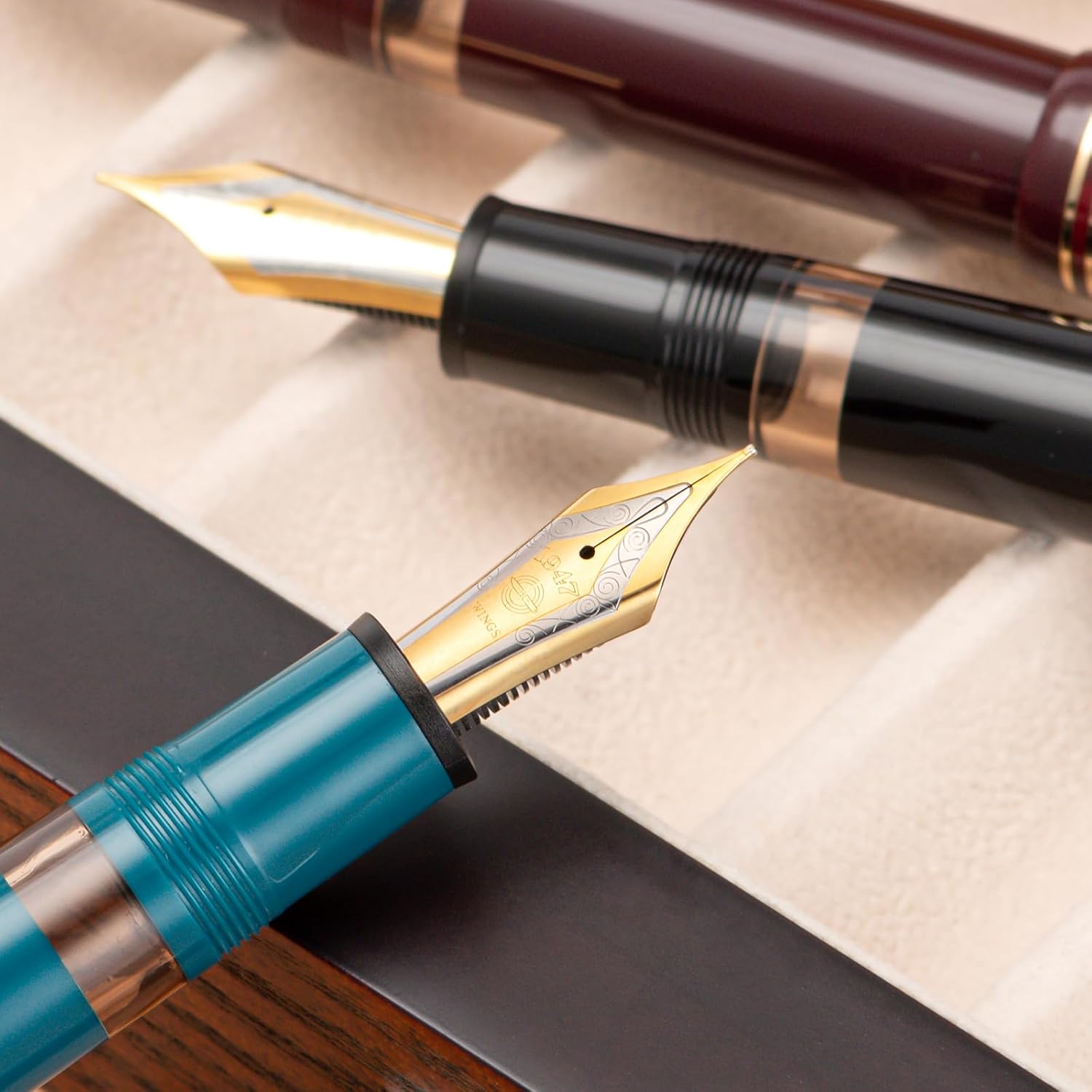 Wing Sung Junlai 630 Acrylic Fountain Pen – #8 Fine Nib, Piston Filling System, Piano Black / Maroon / Blue-Green(Transparent Ink Tank, Gold Trim)