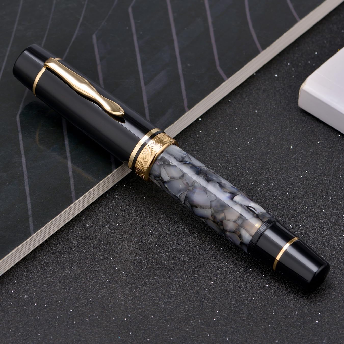 Moonman P139 Sun Carved Fountain Pen No.8 – Fine & Medium Nibs with Box, Gray Marble Acrylic, Large Capacity