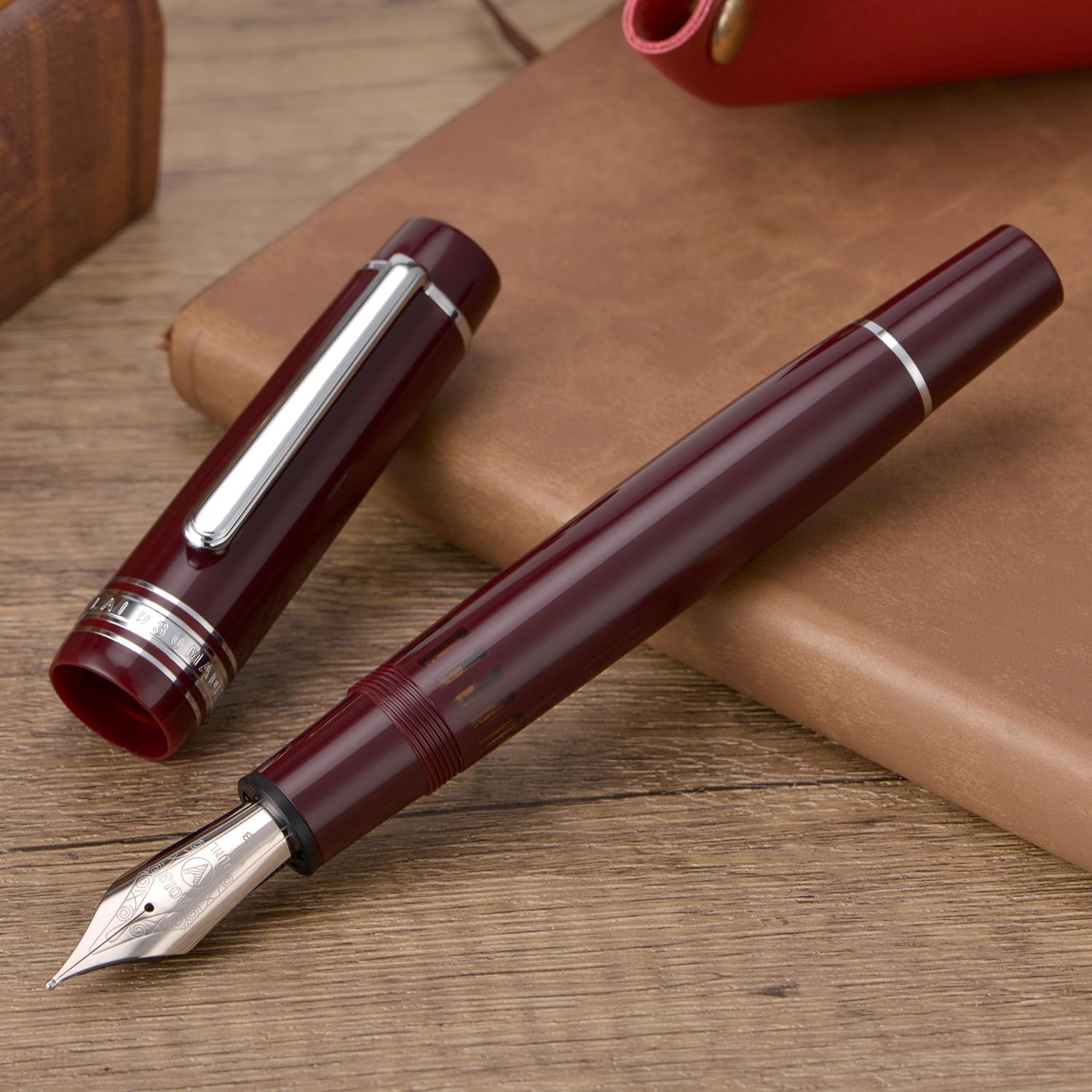 WingSung Junlai 930 Acrylic Fountain Pen – Flat Top Design with Piston Filling System, Size #9 Iridium Nib in Fine, Medium & Broad – Wine Red Fence Ink Tank with Silver Trim (No Ink)