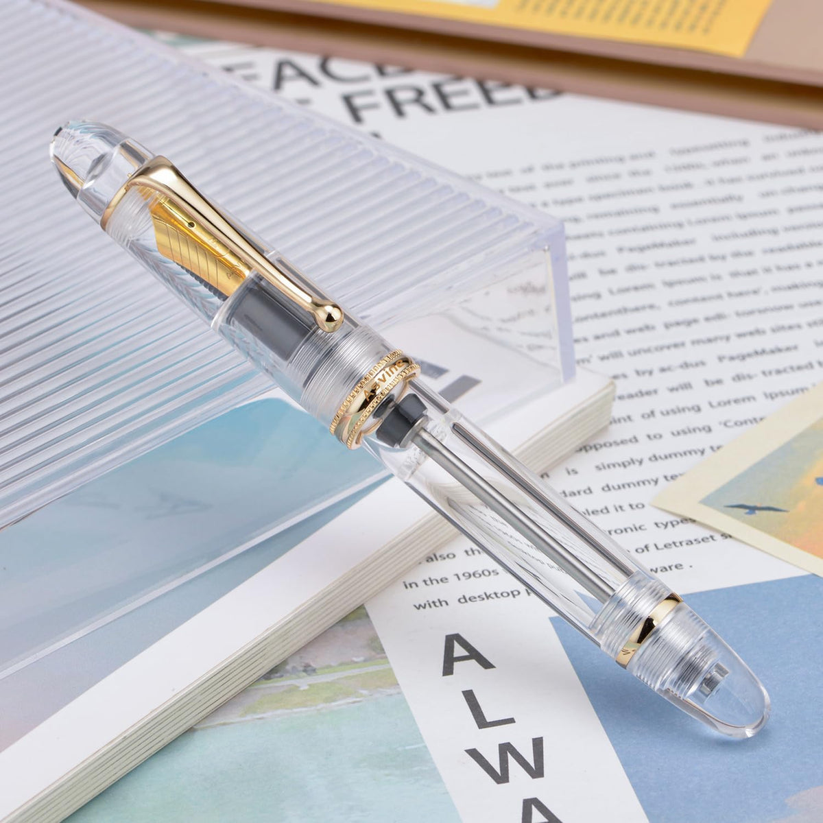 Asvine V800 Clear Demonstrator Vacuum Filling Fountain Pen, Size 8 Nib, Gold Trim