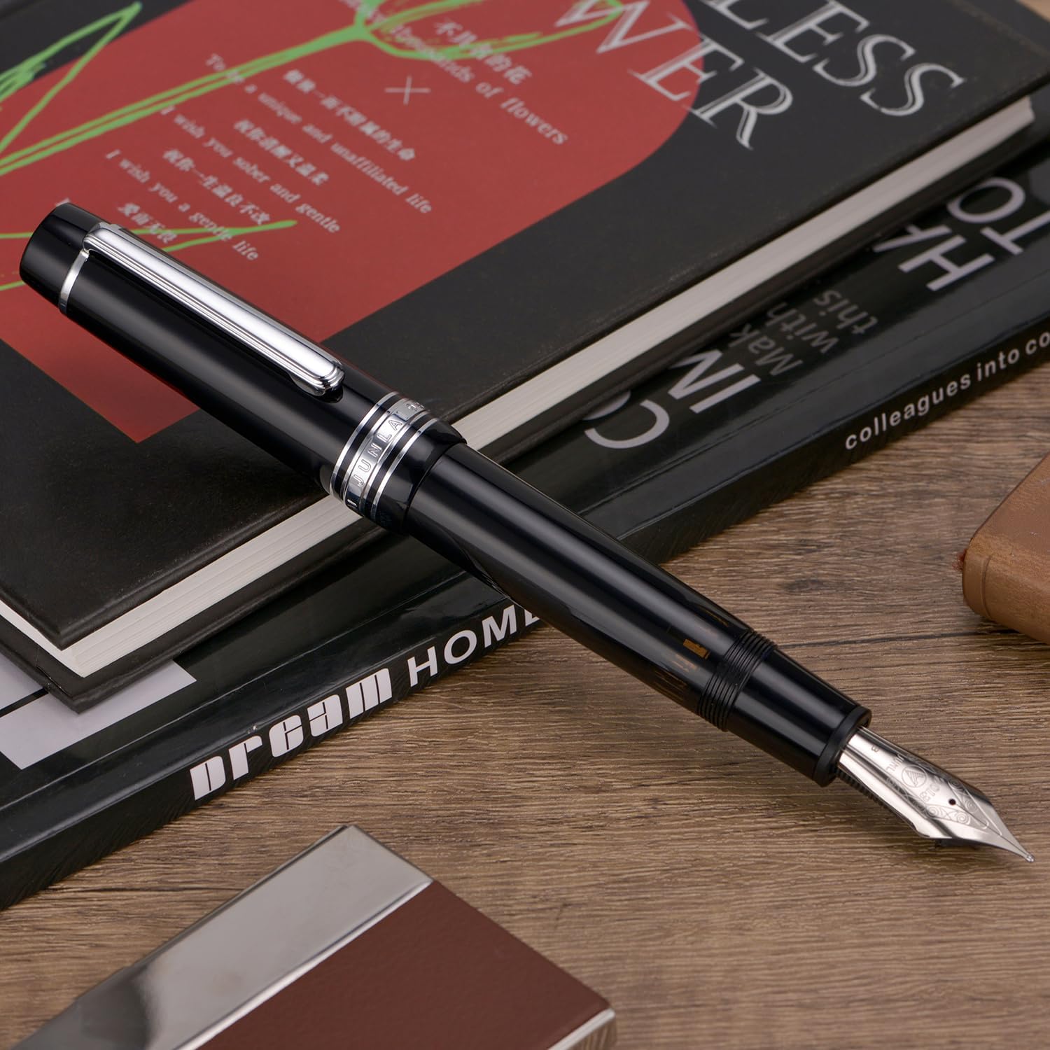 WingSung Junlai 930 Acrylic Fountain Pen – Flat Top Design with Piston Filling System, Size #9 Iridium Nib in Fine, Medium & Broad – Piano Black Fence Ink Tank with Silver Trim (No Ink)