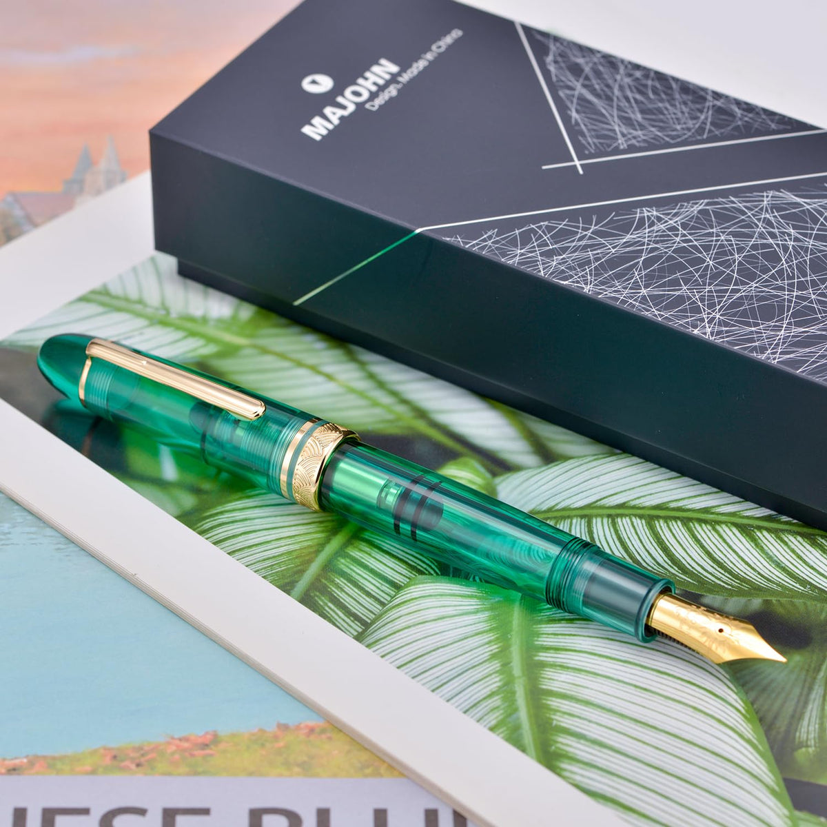 Moonman P140 Demonstrator Special Edition Fountain Pen – Transparent Green Resin, Size 8 Nib, Brass Piston Filling, Gold Trim