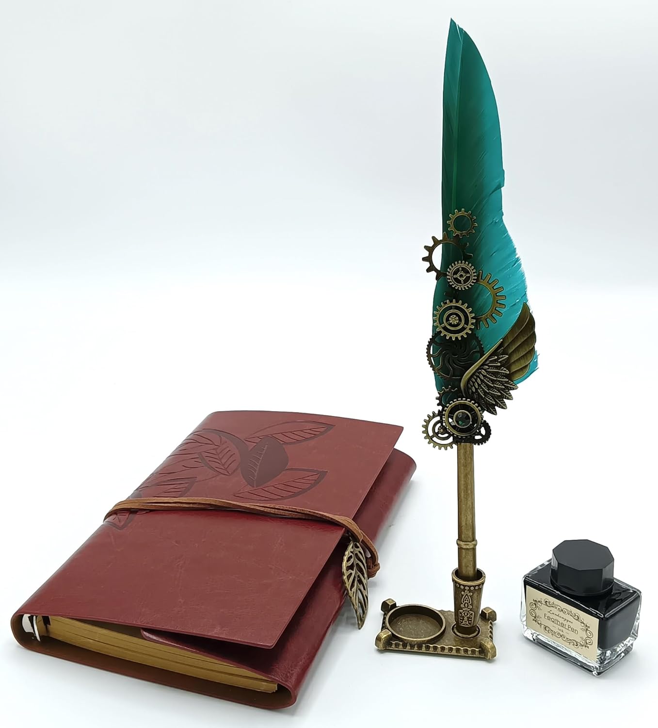 Feather Pen Ink Set – Quill Dip Pen with Leather Notebook, Ink Bottle & Pen Holder, Antique Calligraphy Stationery Gift (Sky Blue / Green)