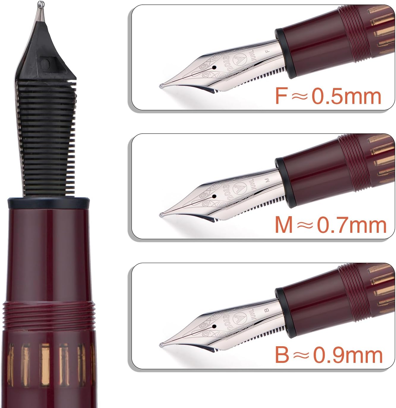 WingSung Junlai 930 Acrylic Fountain Pen – Flat Top Design with Piston Filling System, Size #9 Iridium Nib in Fine, Medium & Broad – Wine Red Fence Ink Tank with Silver Trim (No Ink)