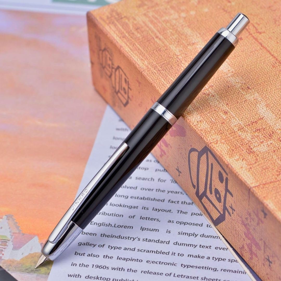 Jinhao 20 Press Retractable Fountain Pen –Black Colors –Plastic Body(Silver Clip) –  Fine & Extra Fine Nib with Converter –  Smooth Writing Daily Pen (No Ink Included)