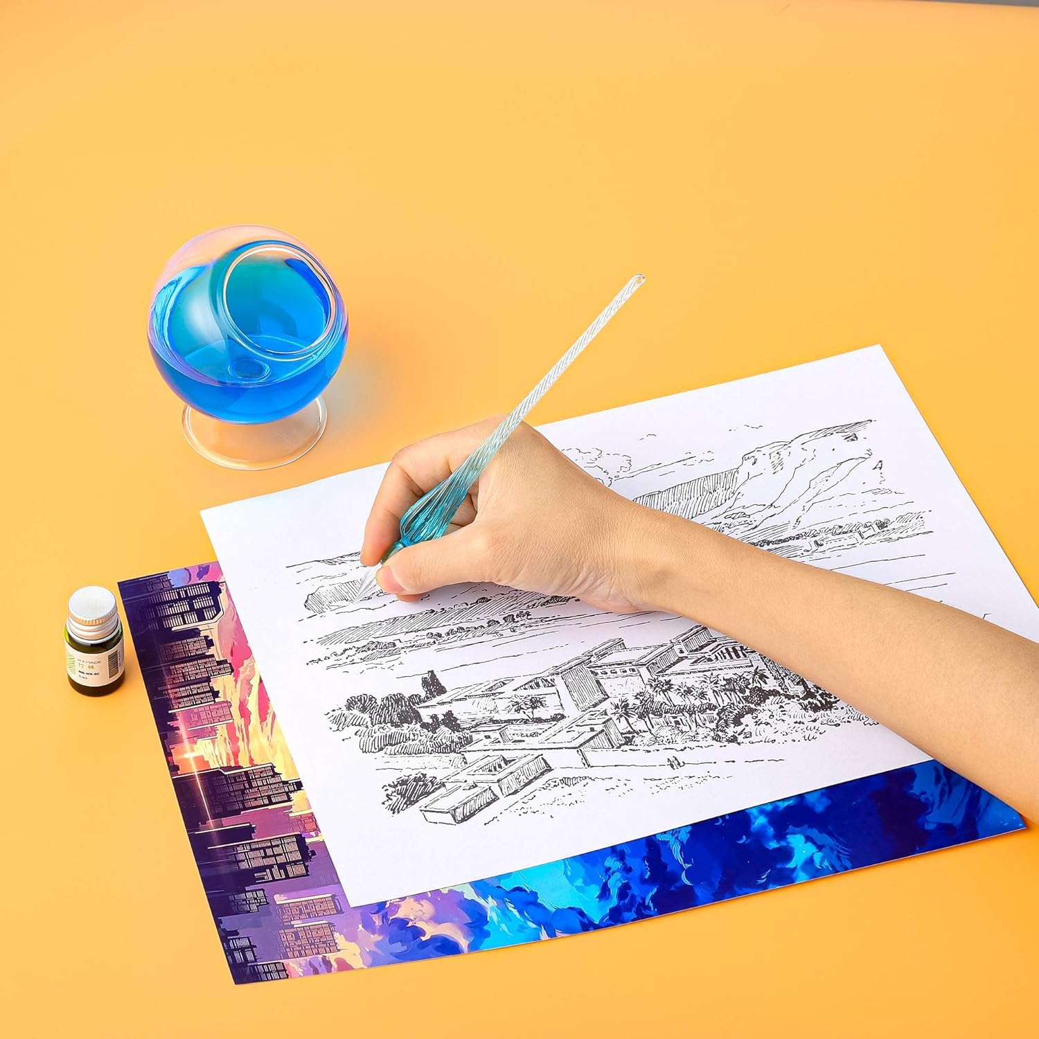 Glass Dip Pen Set – Multicolor Vintage Glass Pen with 1 Ink Bottle & Pen Holder, for Calligraphy, Drawing & Gifting